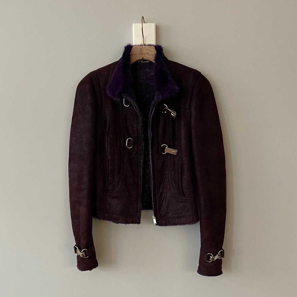 Gucci Shearling-lined Lambskin Leather Plum Runway Jacket - Size IT 40